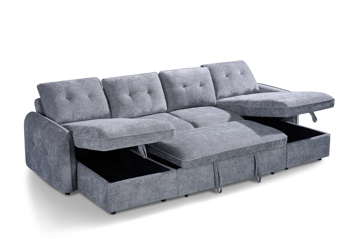 Gray sectional sofa with storage drawers on a white background