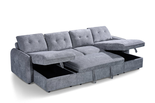 Gray sectional sofa with storage drawers on a white background
