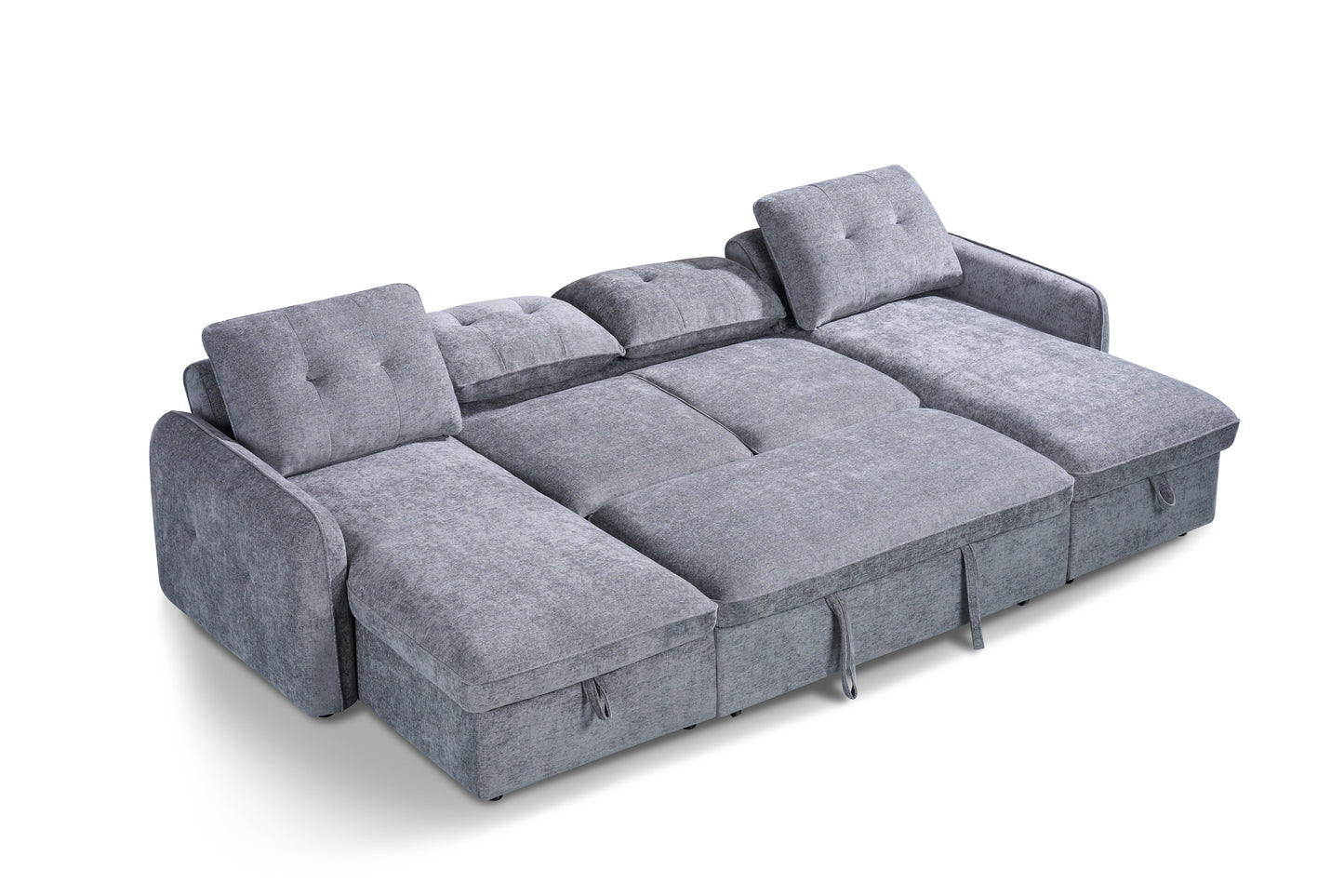 Gray sectional sofa with storage drawers on a white background