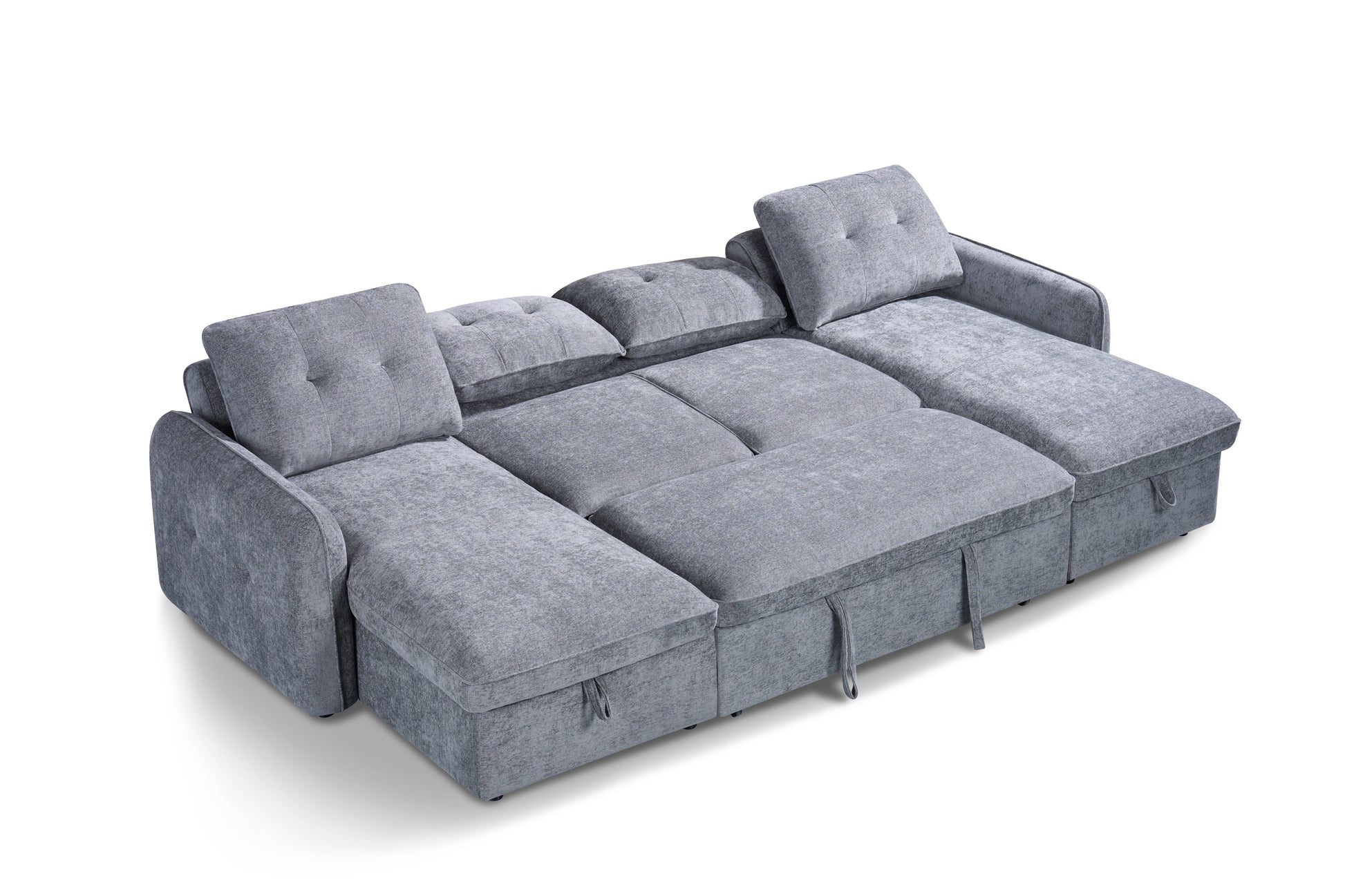Gray sectional sofa with storage drawers on a white background