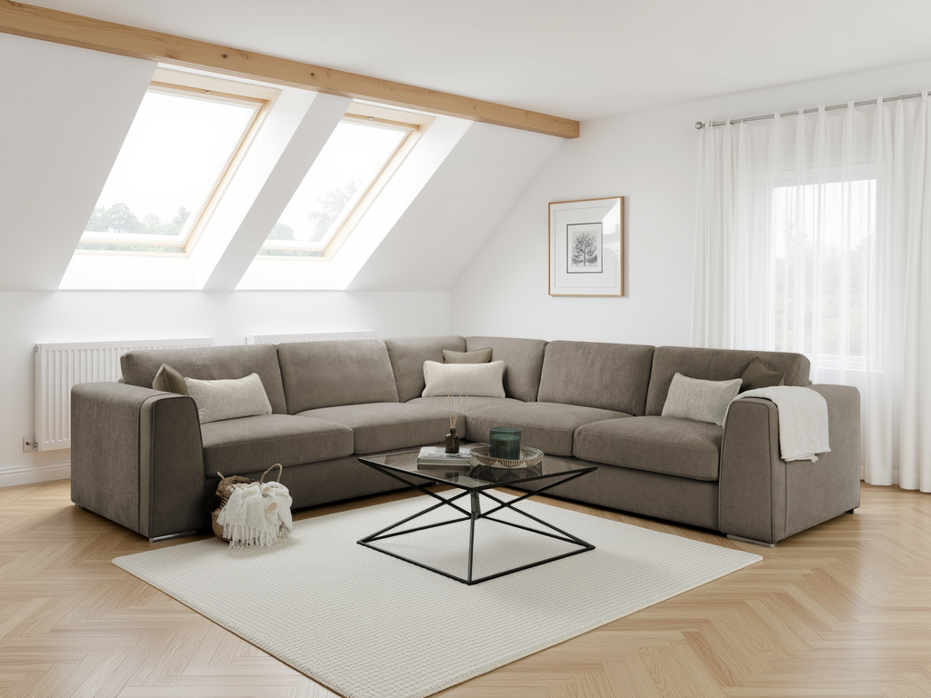 Modern living room with a gray sectional sofa, coffee table, and decorative items.