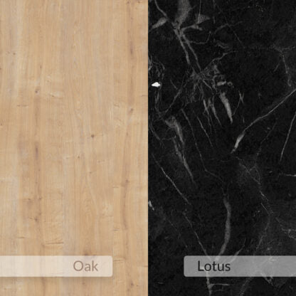 A split comparison of two material finishes labeled Oak and Lotus. The left half shows a light natural wood grain in a warm tan tone, and the right half shows a very dark black marble or stone surface with white veining.