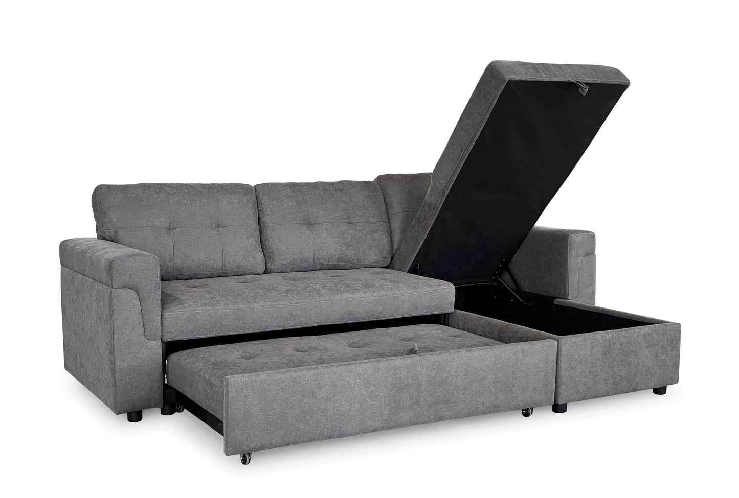 Gray sectional sofa with storage compartment on a white background