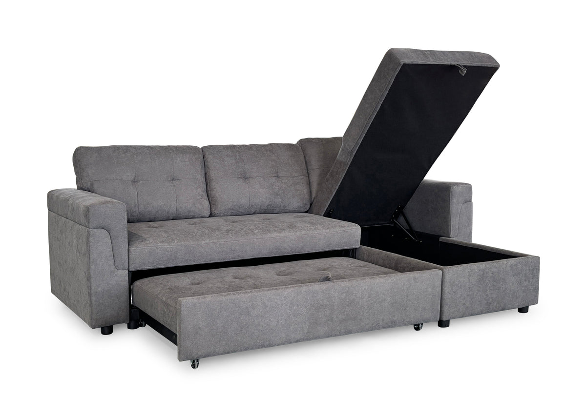 Gray sectional sofa with storage compartment on a white background