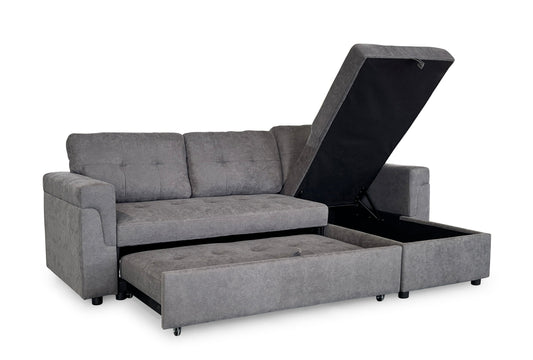 Gray sectional sofa with storage compartment on a white background