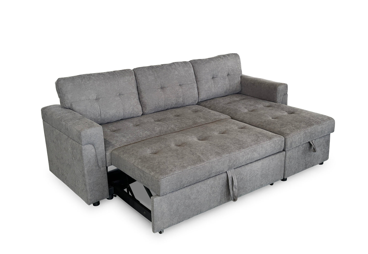 Gray sectional sofa with storage drawers on a white background