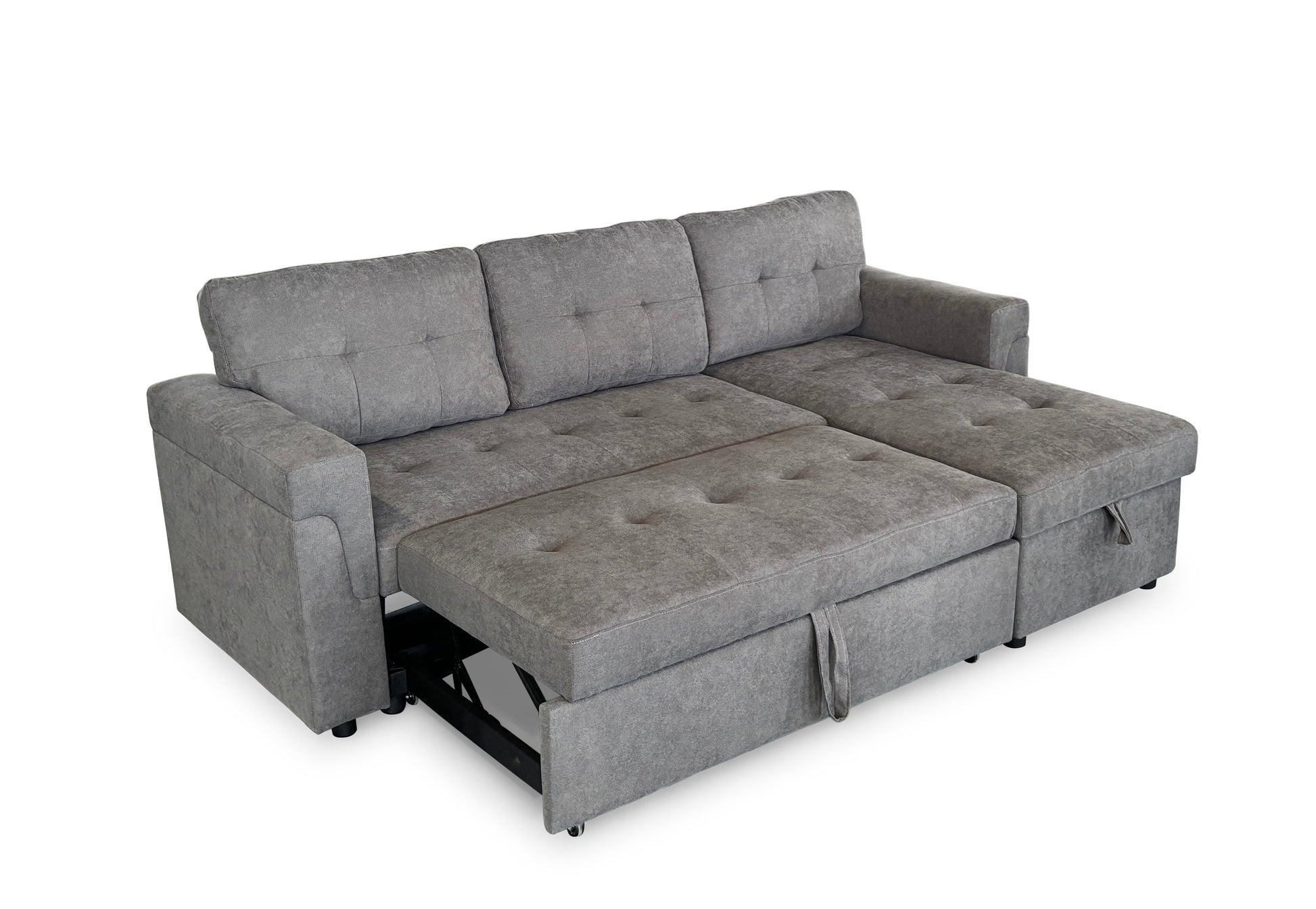 Gray sectional sofa with storage drawers on a white background