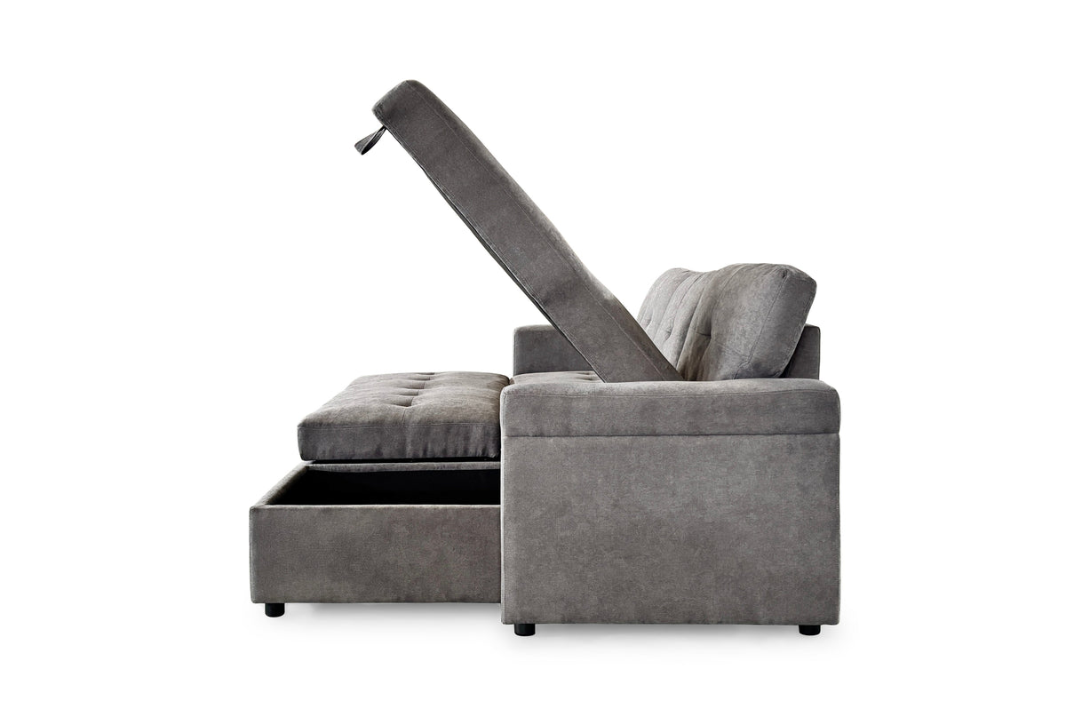 Gray sectional sofa with storage compartment on a white background