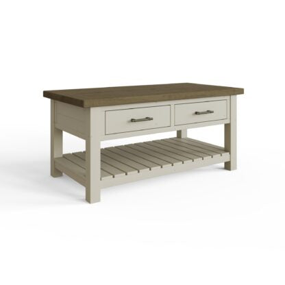 Shop the Purbeck Truffle Two-Drawer Coffee Table, handmade from solid reclaimed pine on a white background.