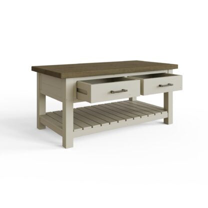 Shop the Purbeck Truffle Two-Drawer Coffee Table, handmade from solid reclaimed pine with open draws on white background