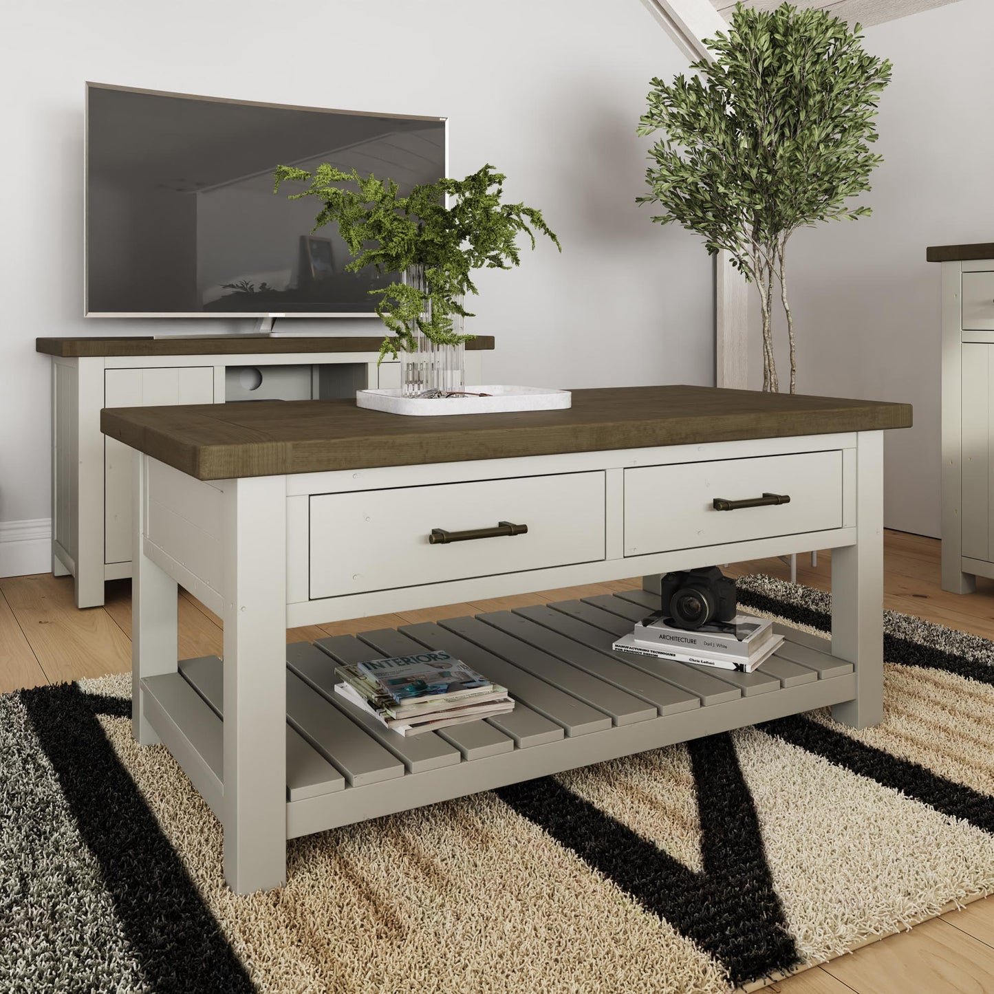 Purbeck Truffle Two-Drawer Coffee Table, centred in a modern living room.
