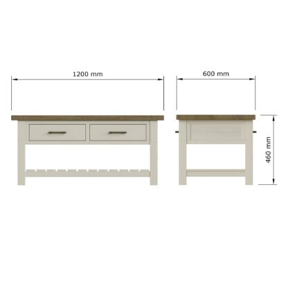 Shop the Purbeck Truffle Two-Drawer Coffee Table, handmade from solid reclaimed pine with a outlined mesurements.