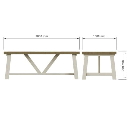 A side-view furniture dimension diagram showing a table with a 2000 mm length, 1000 mm width, and 750 mm height, alongside a matching stool, on a plain white background.