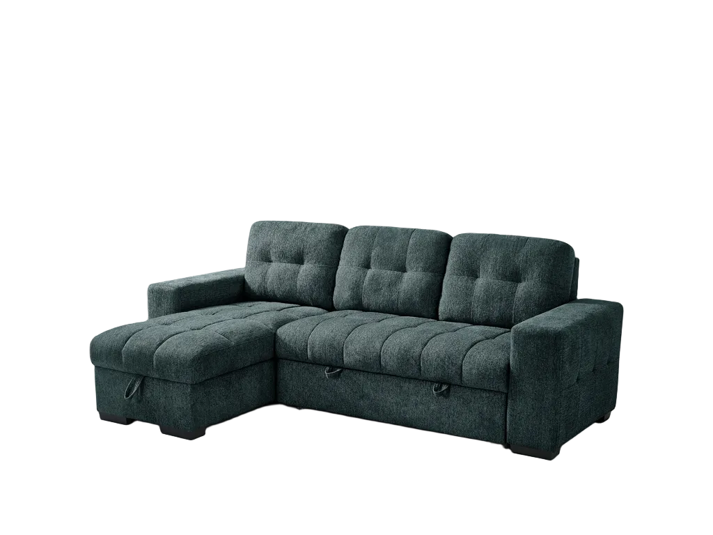 A dark green sectional sofa with a tufted chaise lounge on the left, shown against a plain white background.