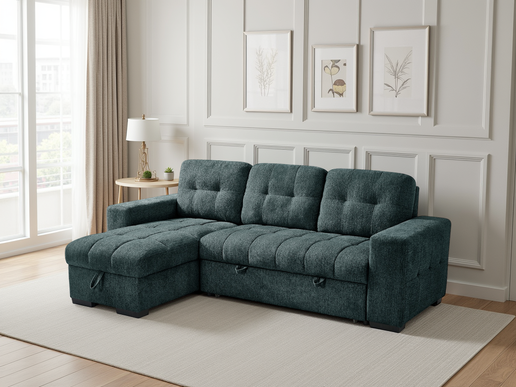 Green sectional sofa in a living room with framed pictures on the wall.