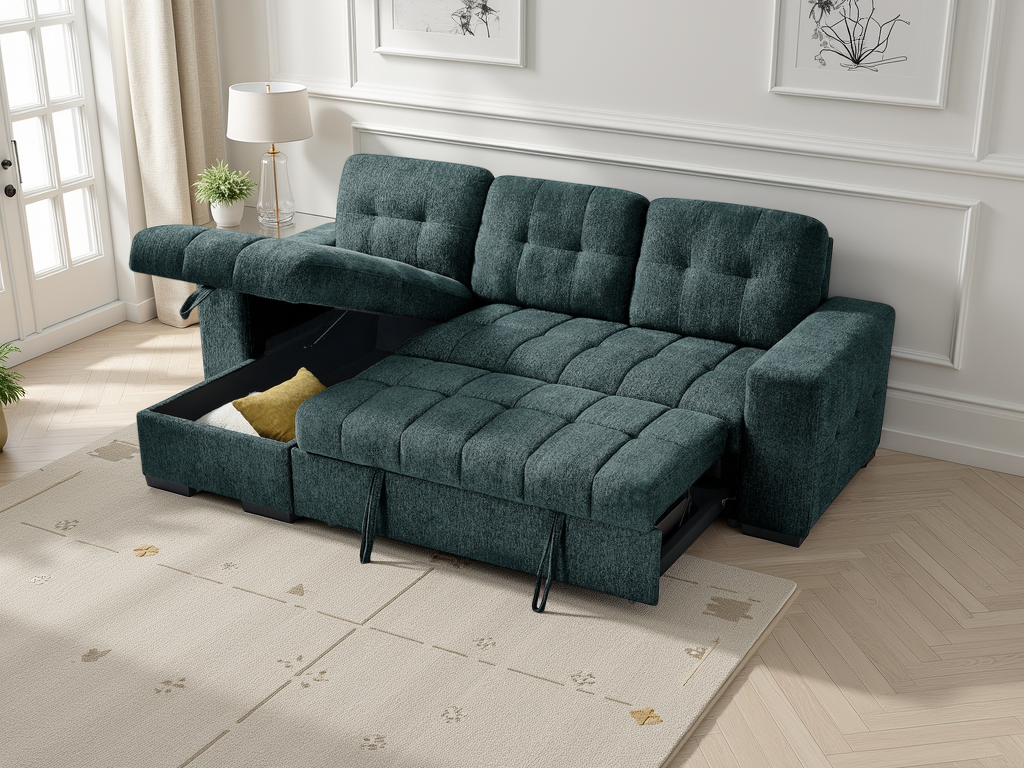Green sectional sofa with pull-out bed in a room with light wood flooring and white walls.