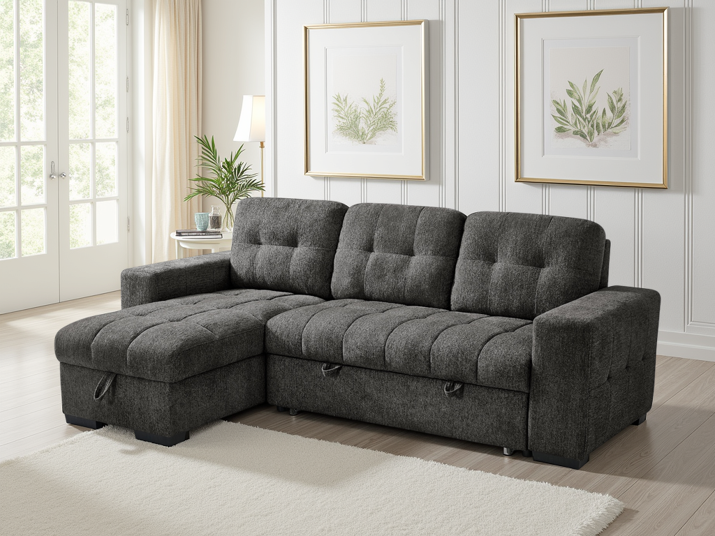 Gray sectional sofa in a living room with framed artwork on the wall.