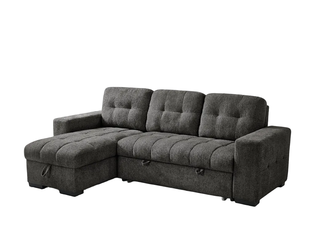 A dark gray tufted fabric sectional sofa with a chaise lounge on the left, shown against a plain white background.