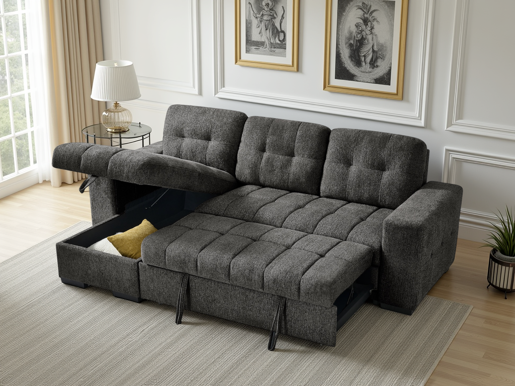 Gray sectional sofa with storage drawers in a living room setting.