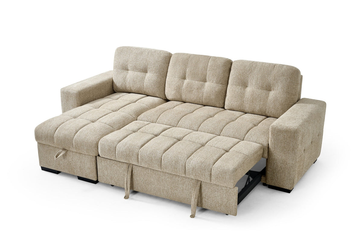 Beige sectional sofa with pull-out bed on a white background