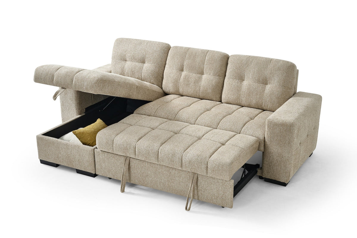 Beige sectional sofa with storage drawers on a white background