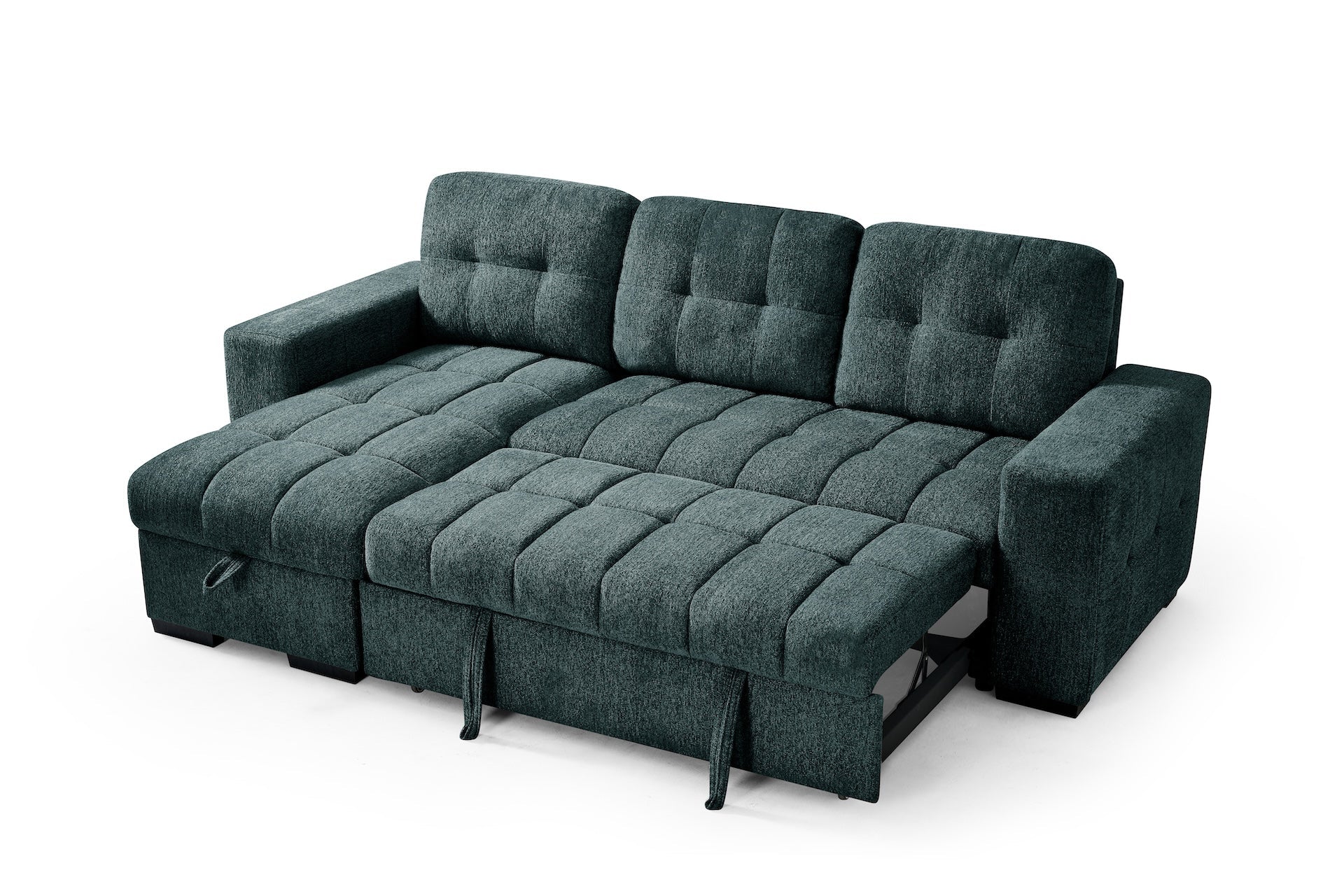 Green sectional sofa with storage on a white background