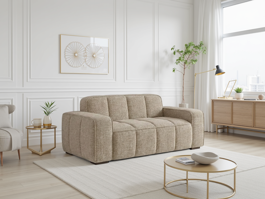 Beige sofa in a modern living room with white walls and wooden floor.