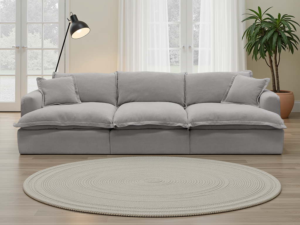 Gray sectional sofa in a living room with a round rug and a lamp.