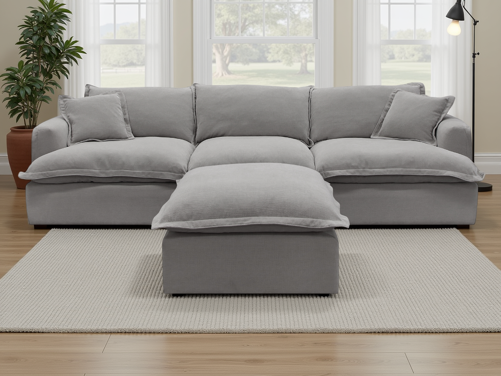 Gray sectional sofa in a living room with large windows and a plant.