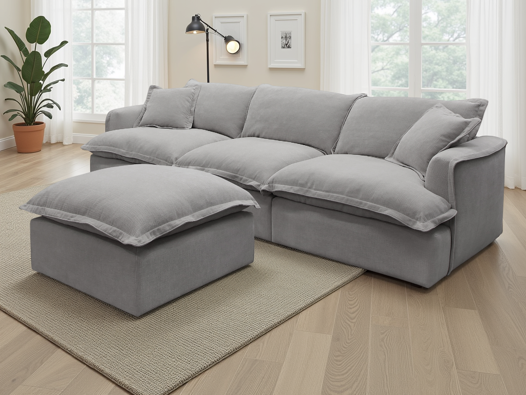 Gray sectional sofa with ottoman in a room with large windows and a plant.