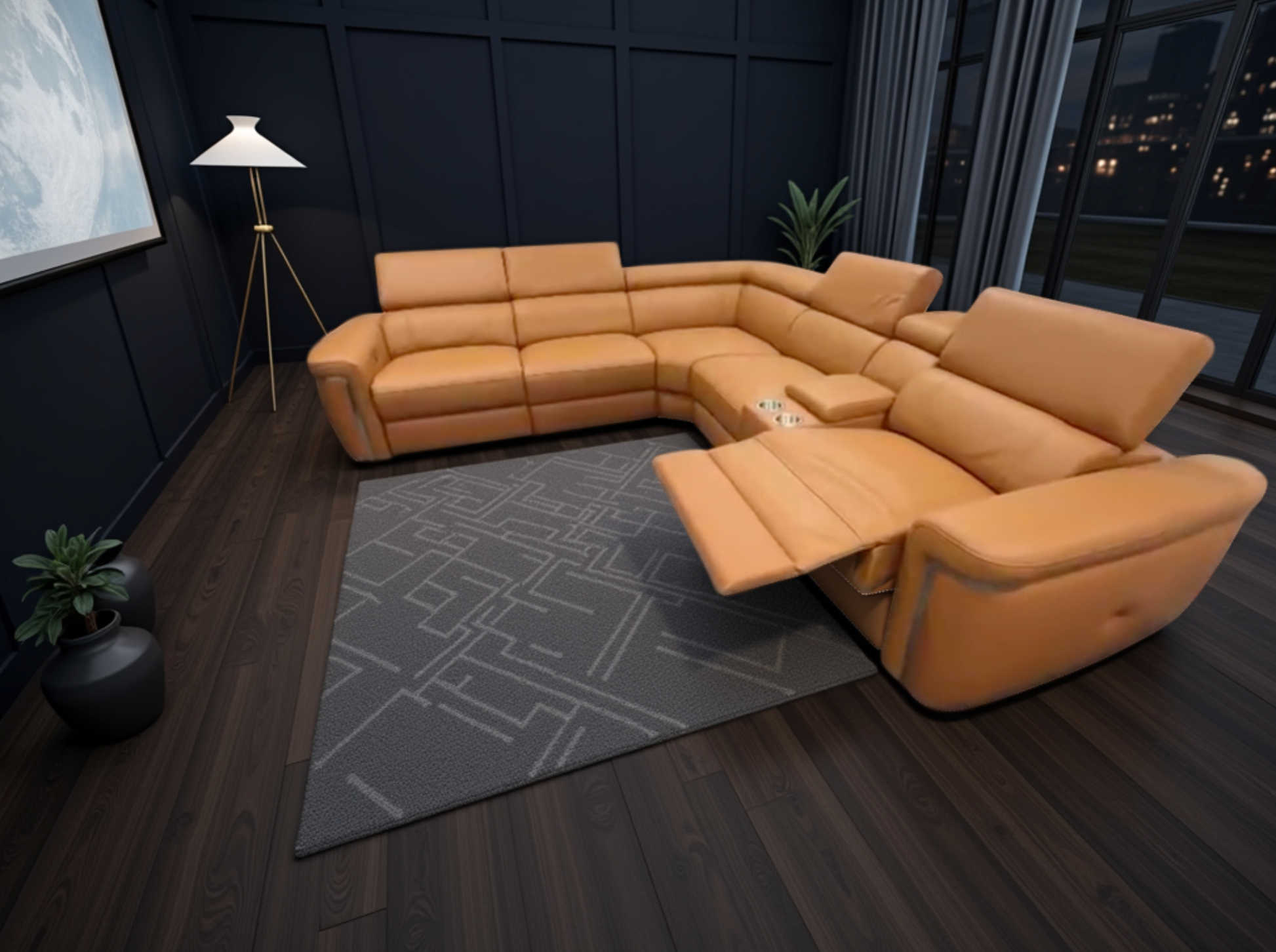 Tan sectional sofa in a modern living room with dark walls and a gray rug.