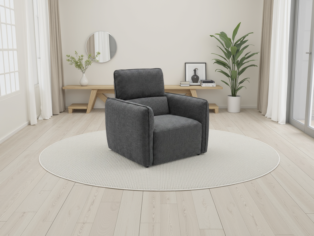 A dark gray upholstered accent chair 