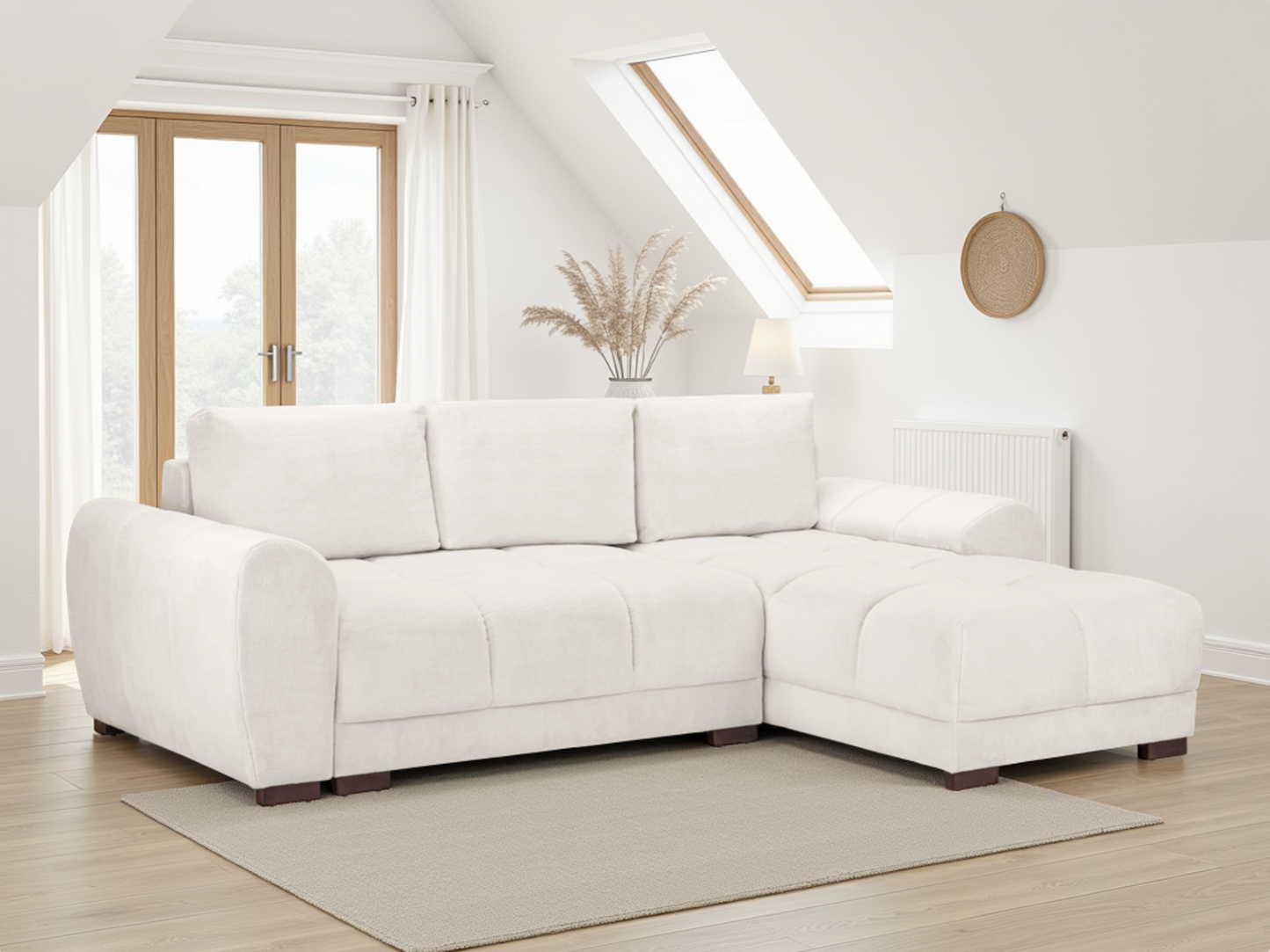 White sectional sofa in a bright living room with wooden floor and large windows.