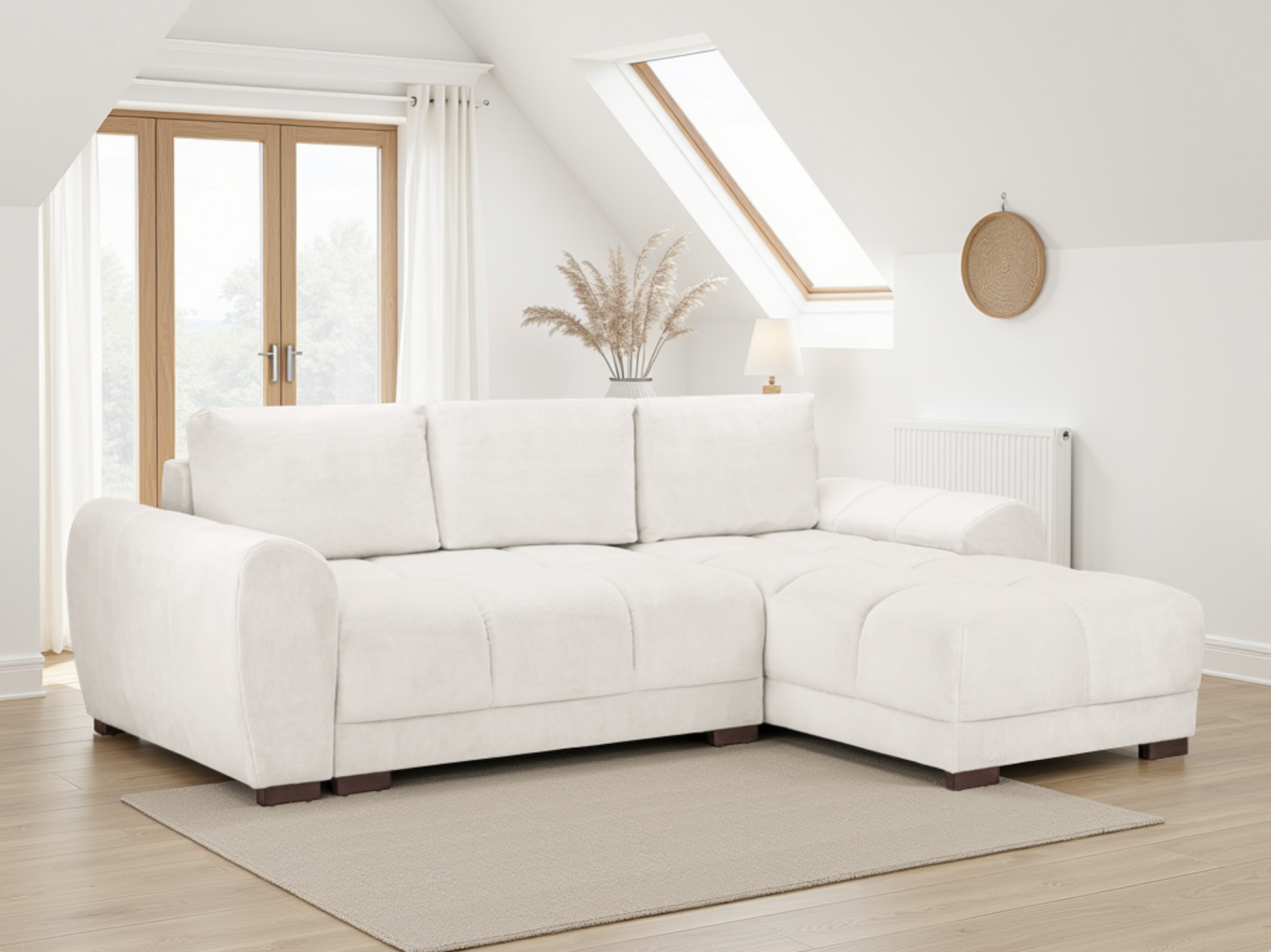 White sectional sofa in a bright living room with wooden floor and large windows.