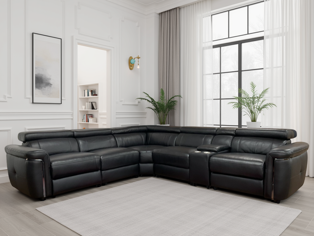 Black leather sectional sofa in a living room with large windows and decor.
