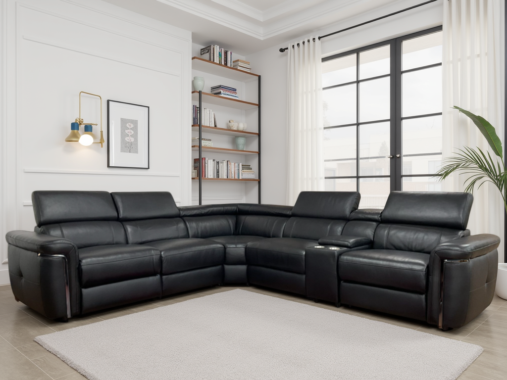 Black leather sectional sofa in a modern living room with a bookshelf and large window.