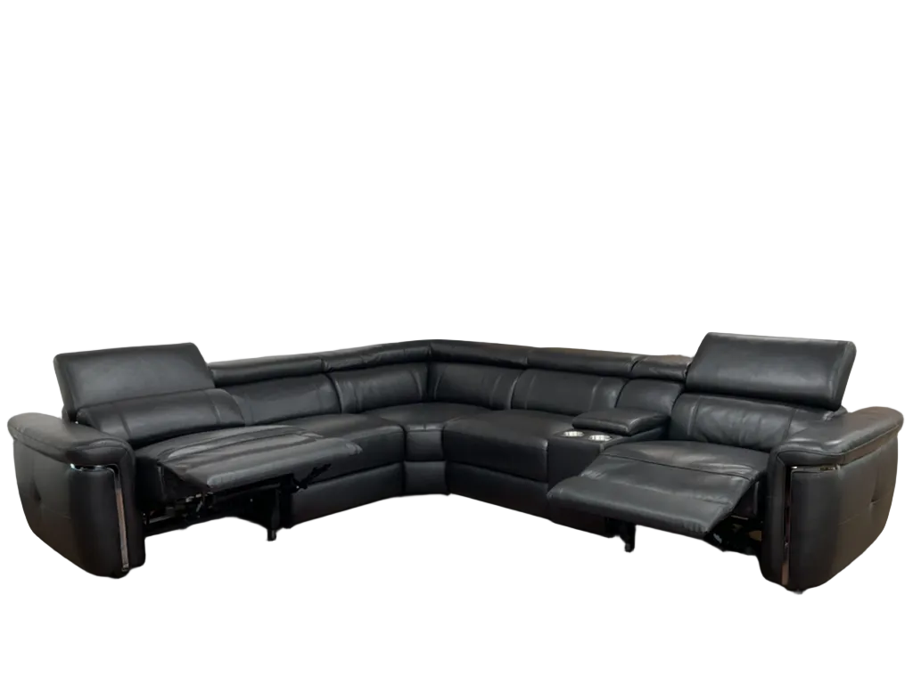 Black leather sectional reclining sofa on a white back round