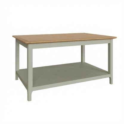A rectangular utility table with a light natural wood top and a sage green painted frame and lower shelf, shown on a plain white background.