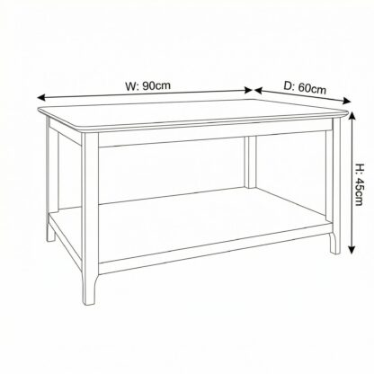 A rectangular utility table with a light natural wood top and a sage green painted frame and lower shelf, shown on a plain white background with dimensions.