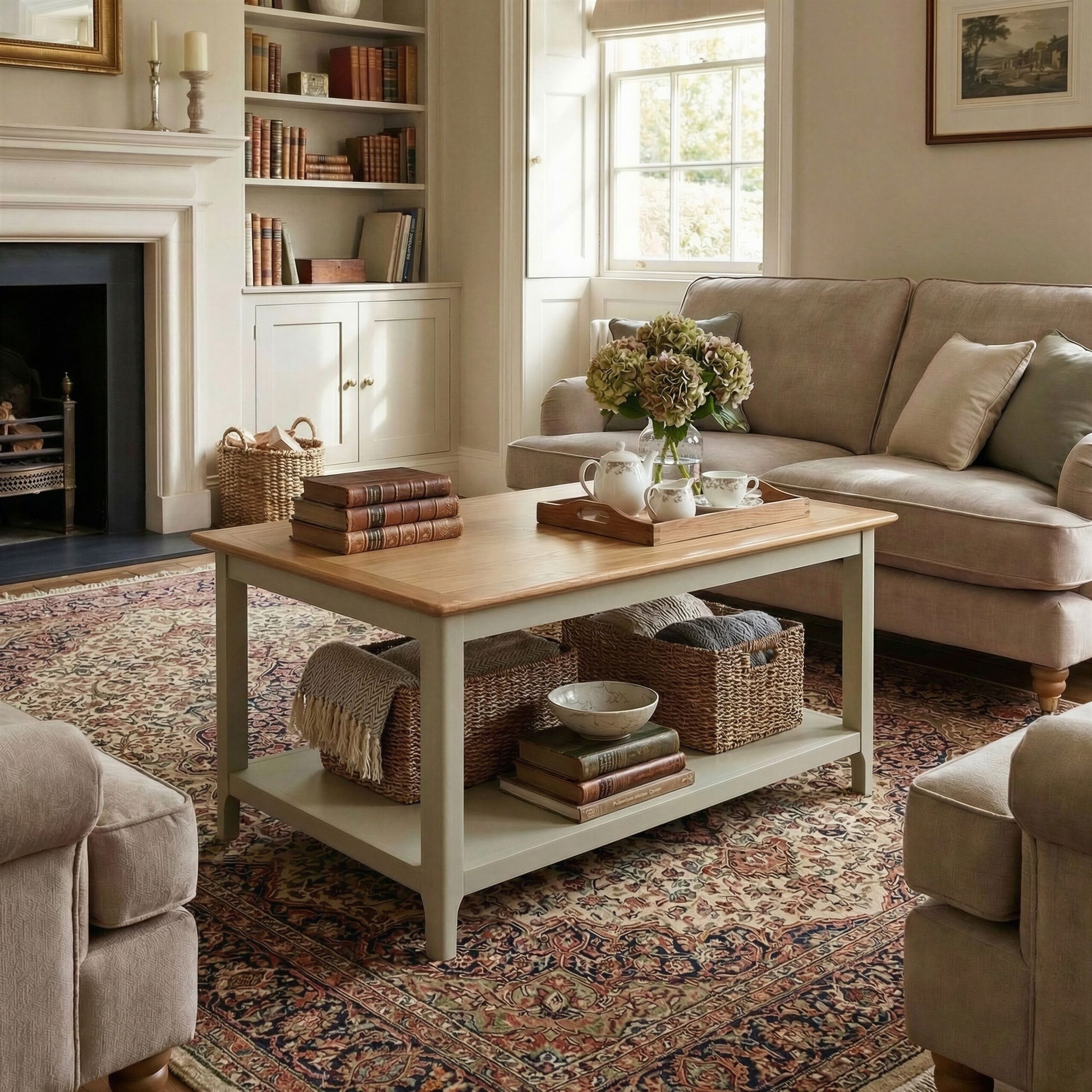 Living room with beige sofa, wooden coffee table, and decorative items.