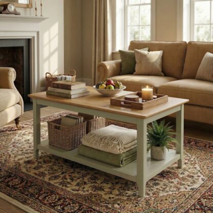 Living room with a beige sofa, wooden coffee table, and decorative items.