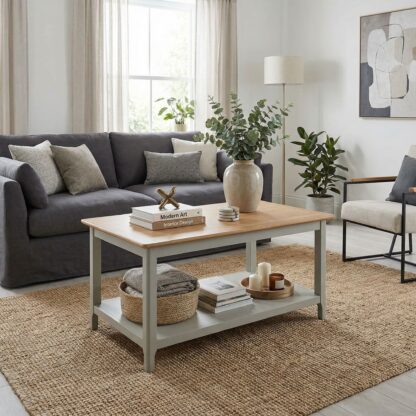 Living room with a gray sofa, wooden coffee table, and decorative items.