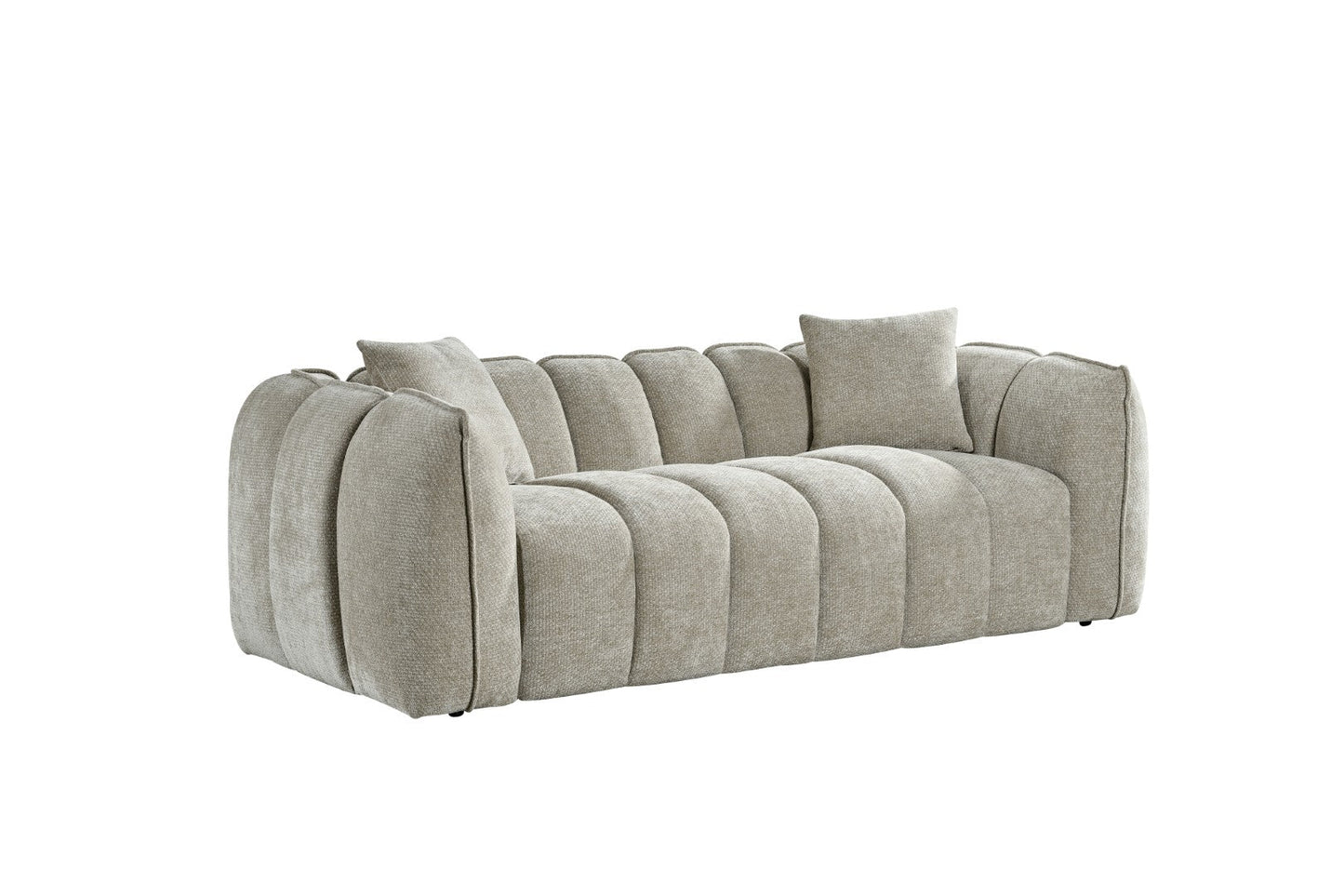 Gray sofa with two cushions on a white background