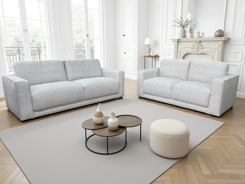 Marlow beige three and two-seater sofa set in a bright modern living room