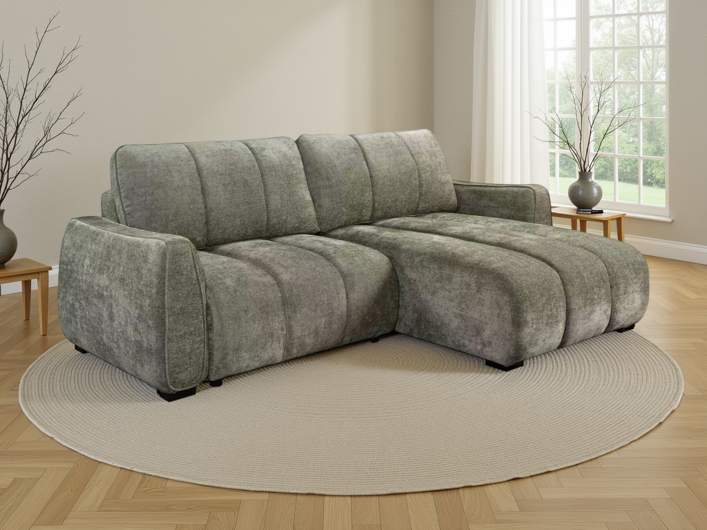 A modern L-shaped sectional sofa upholstered in textured green fabric, 