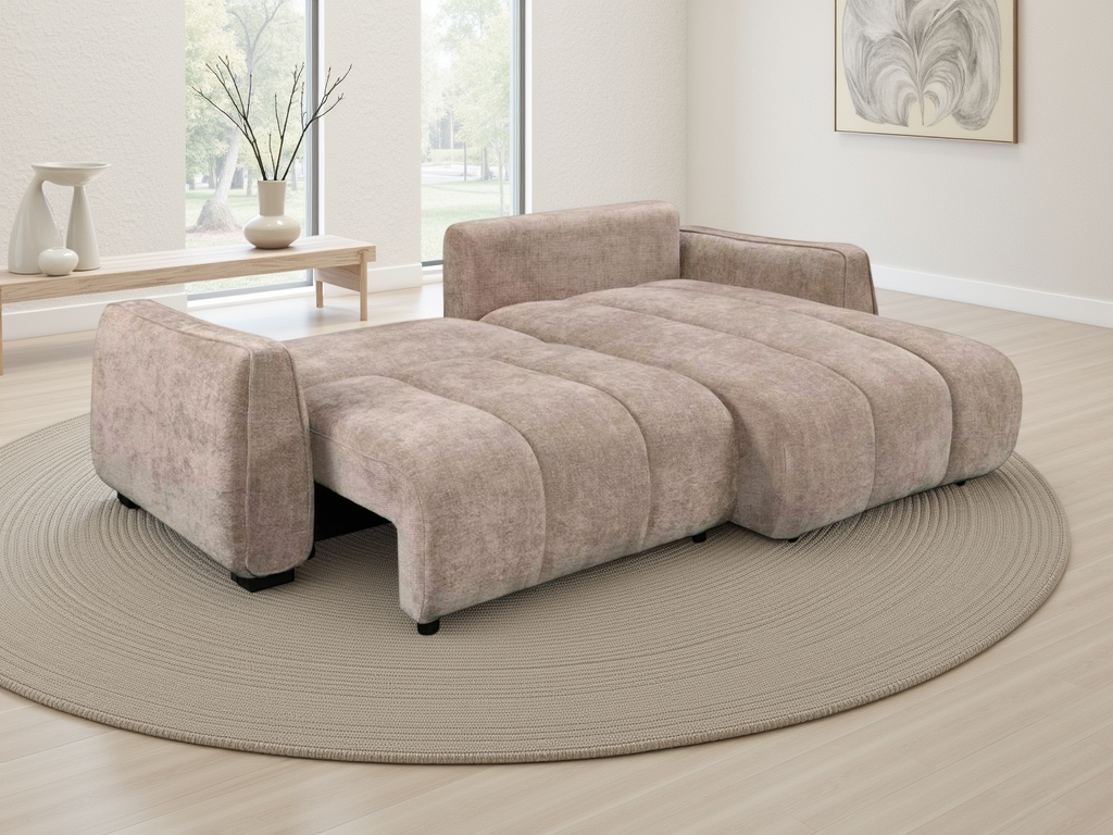 A modern chaise lounge sofa in a textured taupe fabric.