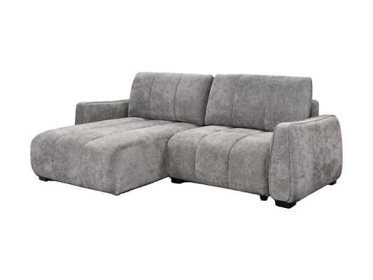 A modern grey fabric sectional sofa with a left-facing chaise lounge on white background