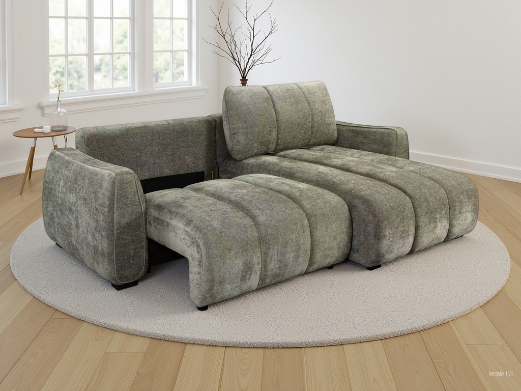A modern sectional sofa with a chaise lounge, upholstered in a textured green fabric
