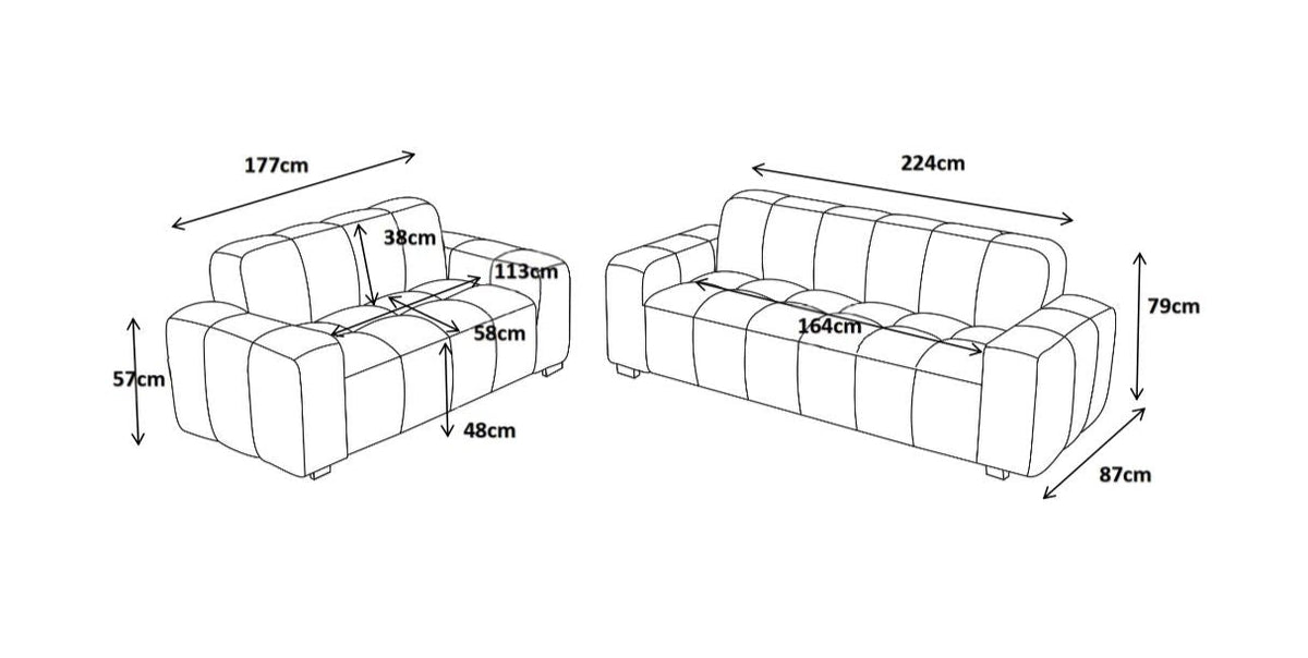 Dimensions of a two-seater and three-seater sofa with measurements in centimeters.