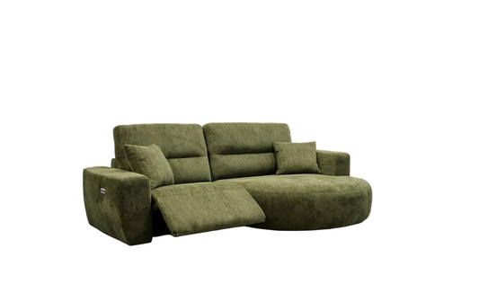 An olive green sectional sofa with a reclining footrest on a white background 